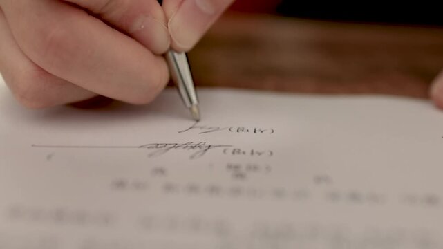 A close-up of a hand writing cursive script or a signature with a pen on white paper showing the motion of writing.