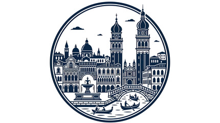 Venice Cityscape Circular Emblem with Gondolas and Bridge © Ardhyapananisedu