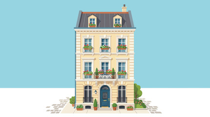 Fototapeta premium Charming Parisian Apartment Building Facade with Balconies and Flowers