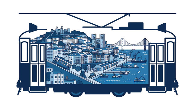 Vintage Tram Scene: Coastal Cityscape with Harbor and Bridge
