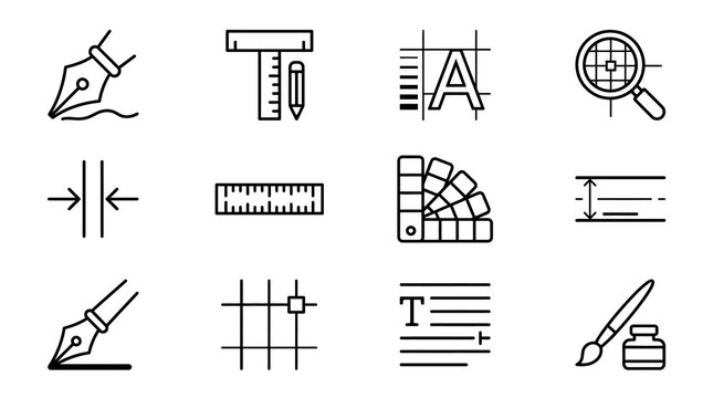 Graphic Design Icons: Pen, Ruler, Magnifier, Color Swatch, Typography, Brush, Grid, Ink