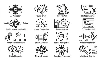 Obraz premium Minimal black and white artificial intelligence icons pack with neural network robotics and machine learning symbols vector isolated on white background