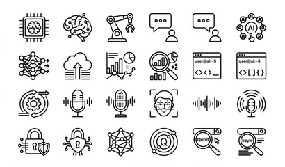 Fototapeta premium Minimal black and white artificial intelligence icons pack with neural network robotics and machine learning symbols vector isolated on white background
