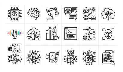 Fototapeta premium Minimal black and white artificial intelligence icons pack with neural network robotics and machine learning symbols vector isolated on white background