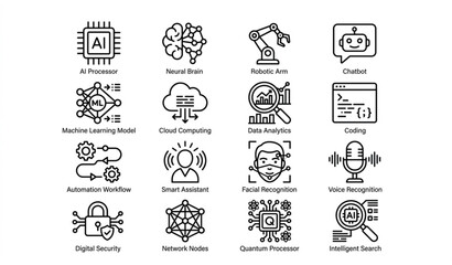 Fototapeta premium Minimal black and white artificial intelligence icons pack with neural network robotics and machine learning symbols vector isolated on white background