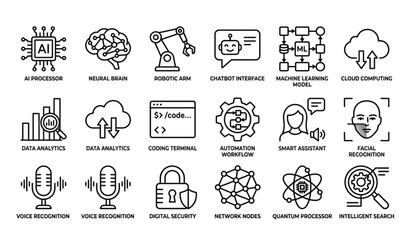 Fototapeta premium Minimal black and white artificial intelligence icons pack with neural network robotics and machine learning symbols vector isolated on white background