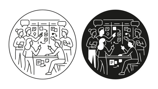 Team brainstorming and strategy session icon with brainstorming, strategy
