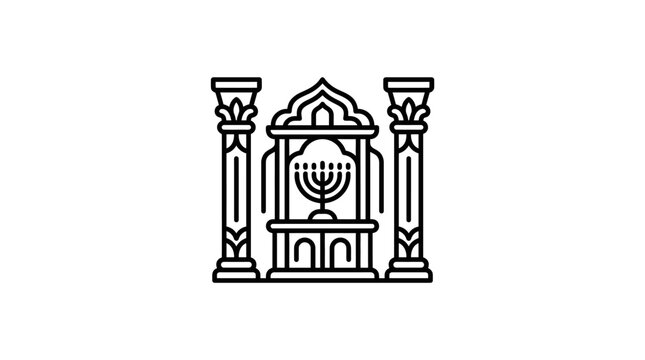 A minimalist line art illustration of a traditional Jewish synagogue interior featuring a menorah.