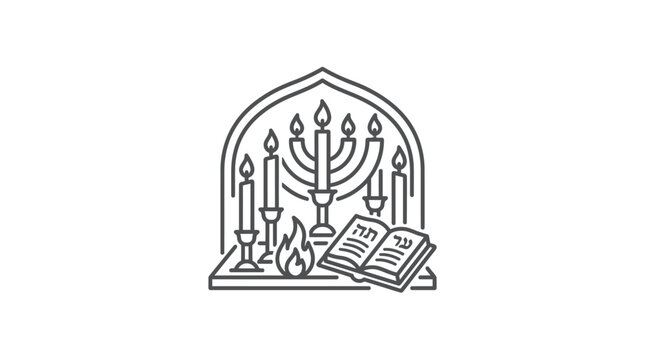 Line art illustration of a menorah with candles and an open book.