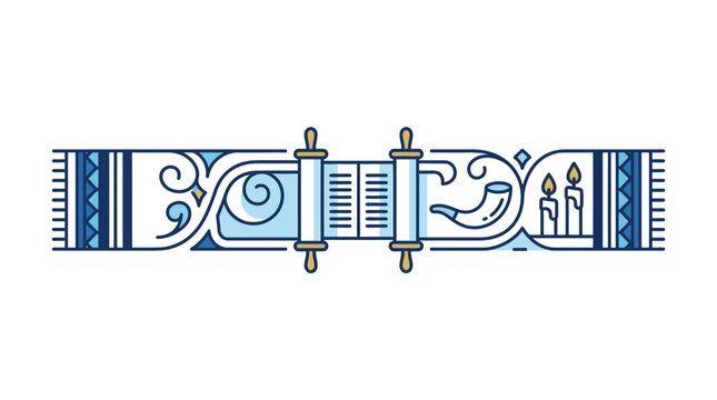 A stylized illustration of a Torah scroll with a shofar and Shabbat candles.