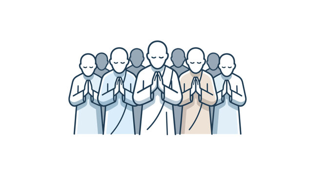 A group of people standing together with their hands pressed together in a prayer gesture.