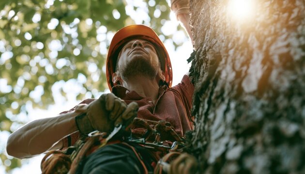 Arborist in orange helmet climbing a large tree trunk with sunlight filtering through leaves