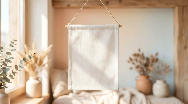 Hanging fabric banner mockup in rustic interior with soft sunlight and dried botanical decor for branding and signage