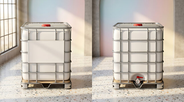 two industrial ibc intermediate bulk container tanks with metal cage and wooden pallet for liquid chemical storage
