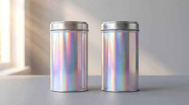 Two iridescent metallic tea canisters with holographic finish on grey surface showcasing premium packaging design