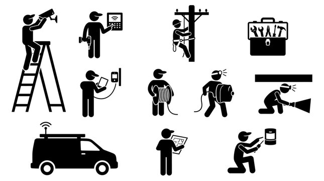 Security technician icons installation repair maintenance silhouette vector illustration showing modern field service work and technical system setup in black graphics