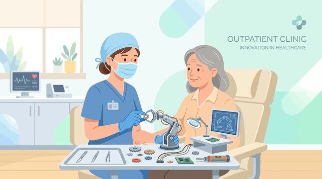 Nurse helps patient use robotic arm for modern clinic treatment at outpatient clinic