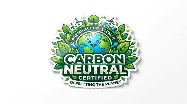 Environmental Carbon Neutral Certified Seal with Happy Earth and Sustainable Energy Symbols