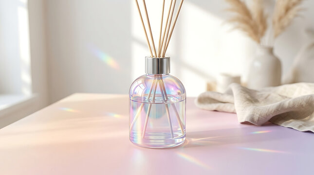 Iridescent glass reed diffuser with bamboo sticks on pastel table creating prism light reflections for home spa wellness