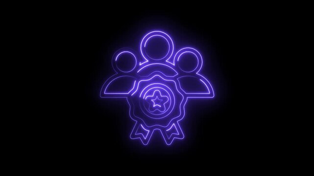 Neon glowing team award icon with star and ribbon on black background abstract concept of success