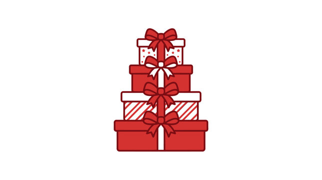 A stack of four red gift boxes with decorative ribbons on a white background