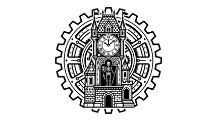 Fototapeta premium Steampunk Clock Tower Skeleton Emblem