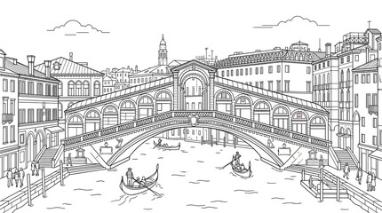 Venice Rialto Bridge Line Art Drawing with Gondolas and Canal © askew