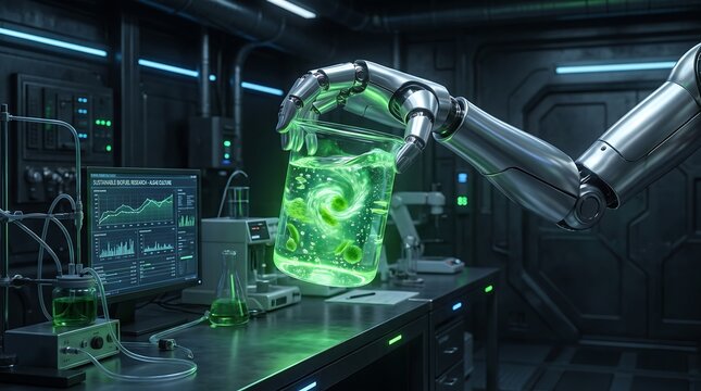 Robotic arm holds glowing green plasma line in dark laboratory setting with black void