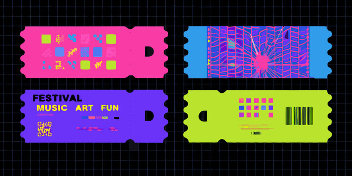 four vibrant neon colored festival tickets arranged on grid background colors hues event passes music art fun code barcode ticket design
