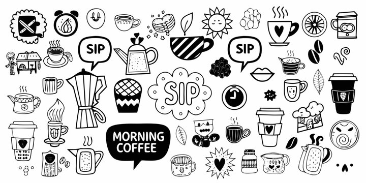 coffee themed doodles in hand drawn sketchy style art morning mugs beans sun speech bubble playful black white vector illustration pattern