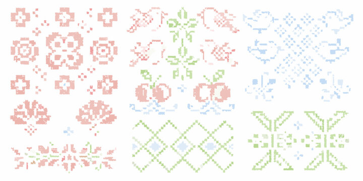 cross stitch embroidery patterns pixelated vintage style ornament design textile craft needlework art decorative aesthetic retro geometric flower diamond square triangle