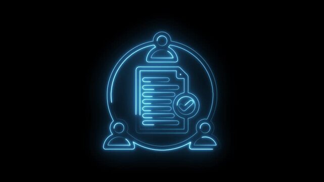 Neon glowing icon representing successful teamwork and document approval with people silhouettes