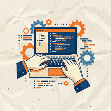 Hands typing code on a laptop with gears in retro style