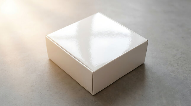 Square white cardboard package box with glossy surface on concrete floor mockup for product branding and shipping delivery