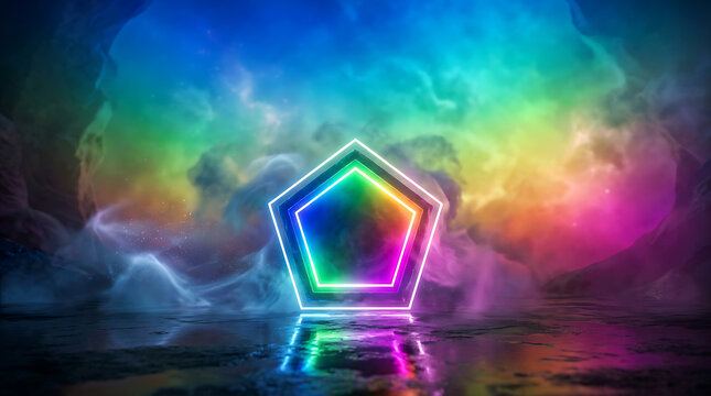 Colorful neon geometric pentagon shape glowing over vibrant sky scene