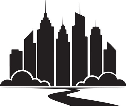 Modern city skyline with winding road and clouds