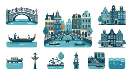 Amsterdam Canal Houses, Bridges, Gondola and Bicycle - Flat Illustration Collection © askew