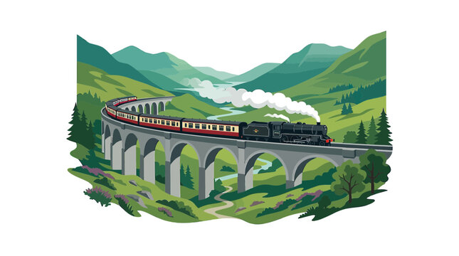 Vintage Steam Train Crossing Picturesque Mountain Valley Viaduct