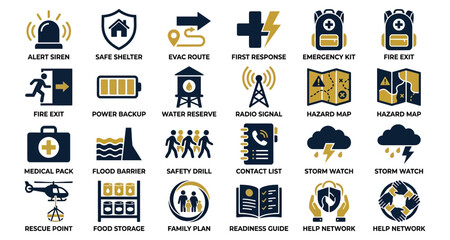 Fototapeta premium Emergency Preparedness Icons Set with Alert Siren, Safe Shelter, Evac Route, First Response, Emergency Kit, Fire Exit