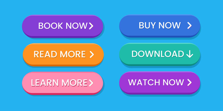Colorful CTA Button Set &ndash; Book Now Buy Now Download Watch Learn Read More Web UI Vector Illustration