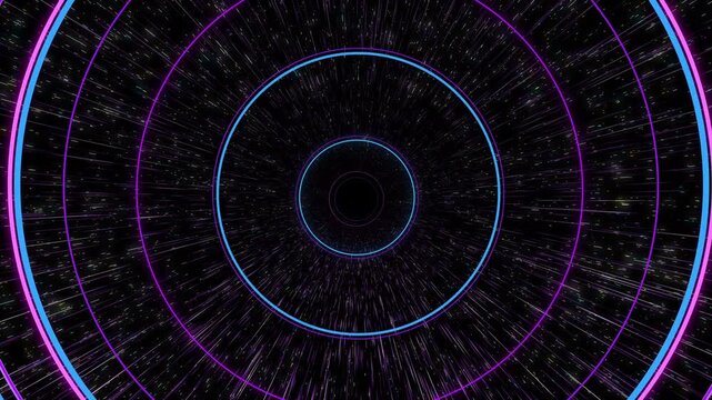 ピンクと水色のネオンシェイプが迫る近未来的なトンネルとワープのパーティクルループ動画素材 ｜Cyber pink and light blue neon circle tunnel seamless loop background 