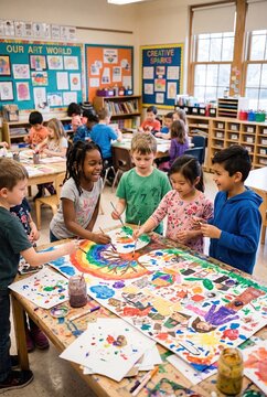 Children Collaborating on School Art Project