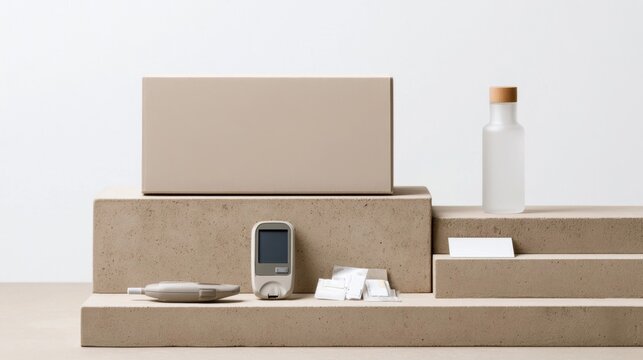 Beige and white still life composition featuring glucose meter, test strips, and small glass bottle among cardboard boxes