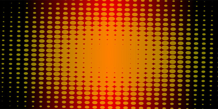 Abstract dark background featuring a vibrant orange and yellow circular halftone dot pattern over a red and black gradient backdrop with a central glow.