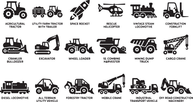 Vector industrial heavy machinery and agricultural vehicle icons set featuring tractor excavator bulldozer truck locomotive and crane silhouettes isolated on white background