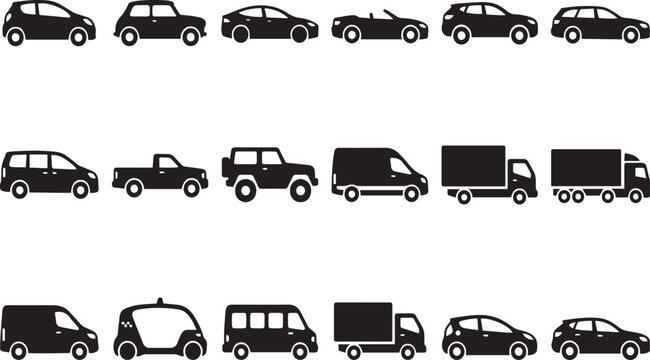 Vector vehicle body type silhouette icons set featuring car sedan suv pickup truck delivery van and commercial transport isolated on white background