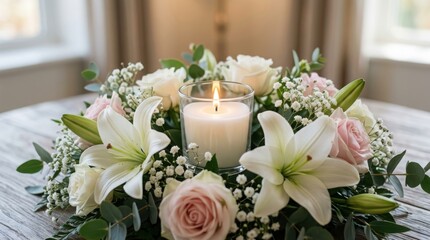 Obraz premium Beautiful memorial candle surrounded by fresh lilies, roses and baby's breath flowers