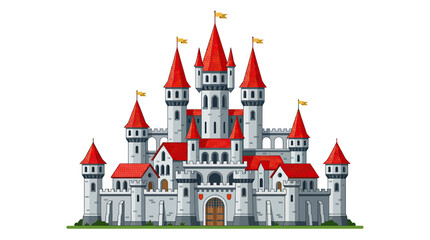 Fairytale Castle with Red Towers and Flags, Fantasy Medieval Fortress © bagas