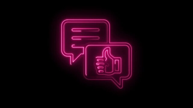 Neon pink chat bubble icon with thumbs up symbol glowing on black background digital animation