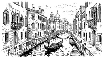 Venice Canal Scene: Gondola Ride, Historic Buildings, Bridge, Sketch Art © bagas